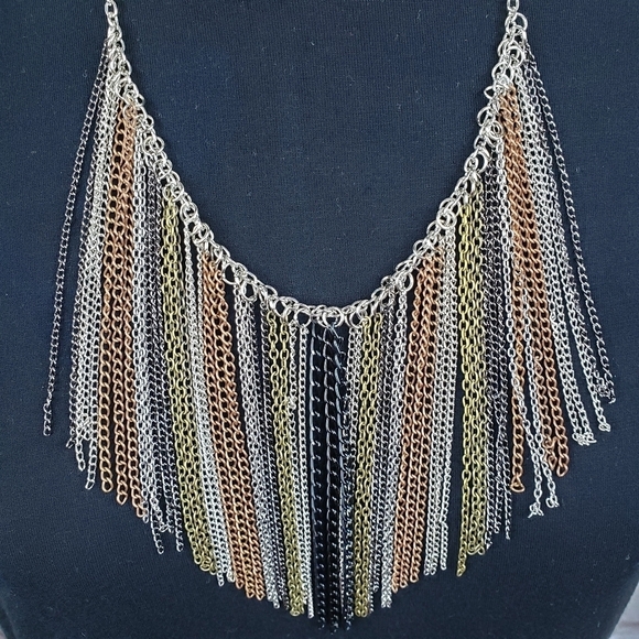 Multi Chain Fringe Rocker Boho Rockabilly Necklace - Picture 4 of 8